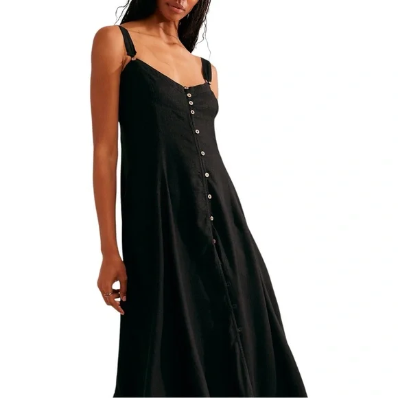 Free People | Dresses | Free People What A Breeze Black Linen Button Down Flowy  Boho Midi Dress Medium | Poshmark